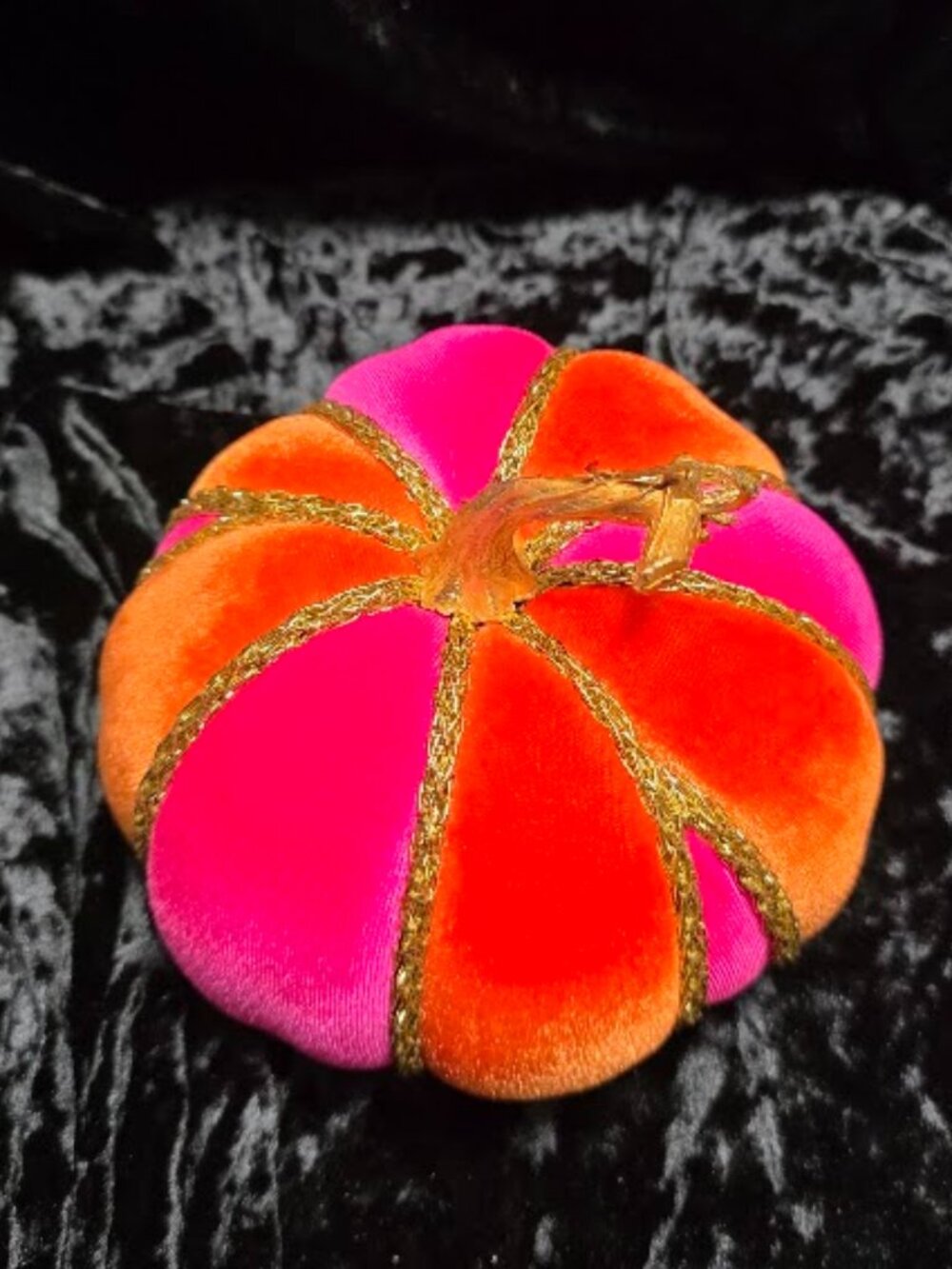 Orange and Hot Pink Velvet Pumpkin, Gold Cord Trim, Handcrafted - Picture 3 of 6